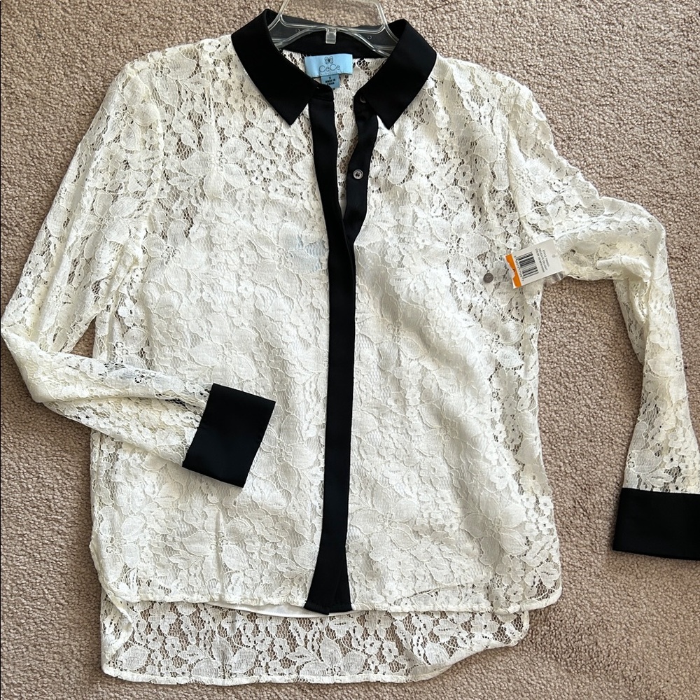 CeCe Ivory Lace Blouse with Black Accents